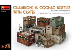 Бутылки коньяка и шампанского с ящиками