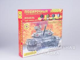 Российский танк Т-90 (действующая модель с микроэлектродвигателем) с клеем, кисточкой и красками.